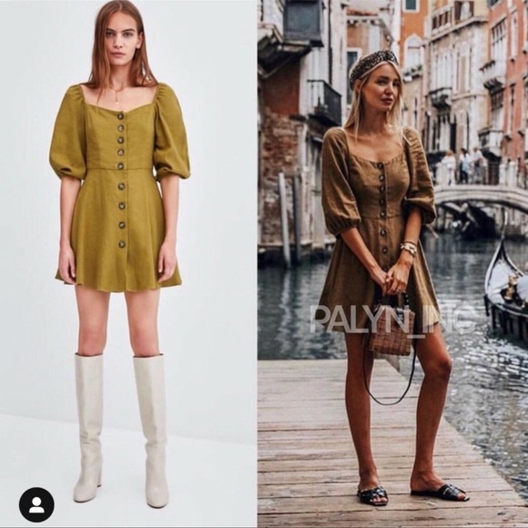Zara Linen Mini Dress Puff Sleeves & Buttons - Picture 7 of 9